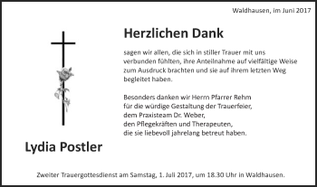 Traueranzeige von Lydia Postler von Schwäbische Post