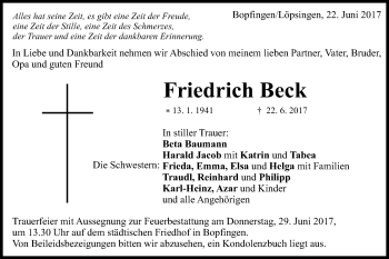 Traueranzeige von Friedrich Beck von Schwäbische Post