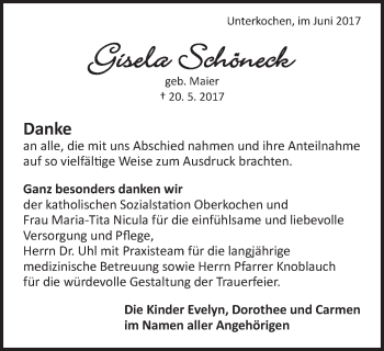 Traueranzeige von Gisela Schöneck von Schwäbische Post
