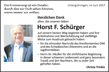 Traueranzeige von Horst F. Schürger von Gmünder Tagespost