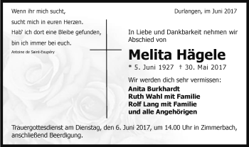 Traueranzeige von Melita Hägele von Gmünder Tagespost