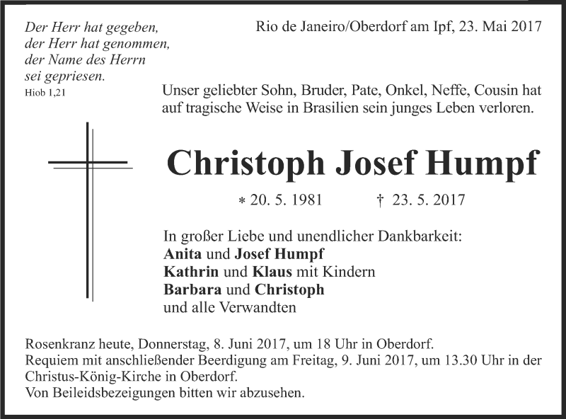  Traueranzeige für Christoph Josef Humpf vom 08.06.2017 aus Schwäbische Post