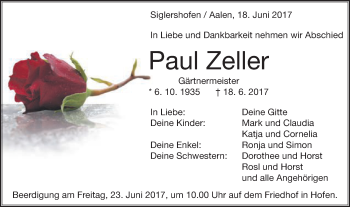 Traueranzeige von Paul Zeller von Schwäbische Post