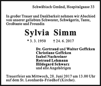 Traueranzeige von Sylvia Simm von Gmünder Tagespost