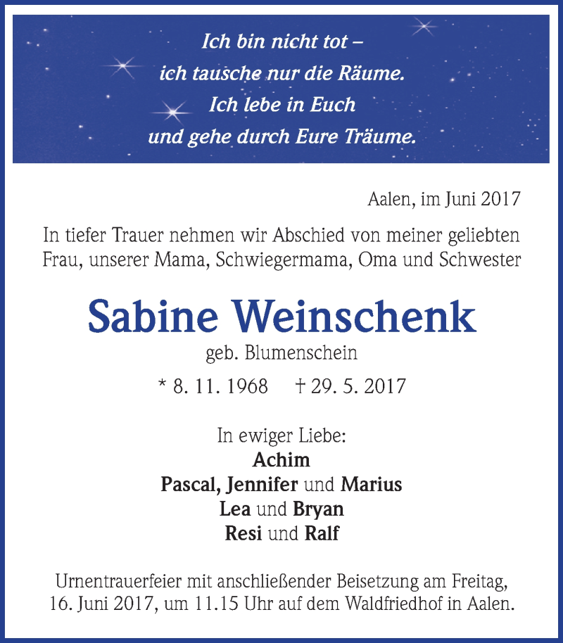  Traueranzeige für Sabine Weinschenk vom 13.06.2017 aus Schwäbische Post