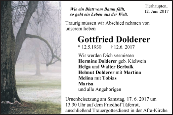 Traueranzeige von Gottfried Dolderer von Gmünder Tagespost