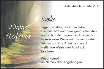 Traueranzeige von Emma Holzner von Schwäbische Post