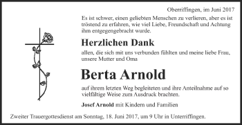 Traueranzeige von Berta Arnold von Schwäbische Post