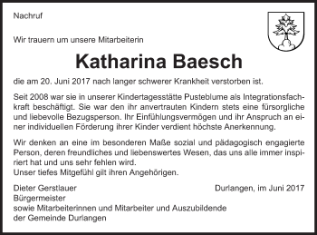 Traueranzeige von Katharina Baesch  von Gmünder Tagespost