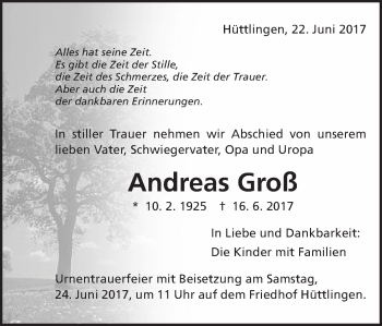 Traueranzeige von Andreas Groß von Schwäbische Post