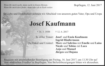 Traueranzeige von Josef Kaufmann von Schwäbische Post
