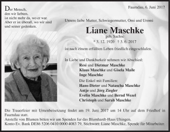 Traueranzeige von Liane Maschke von Schwäbische Post
