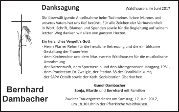 Traueranzeige von Bernhard Dambacher von Schwäbische Post