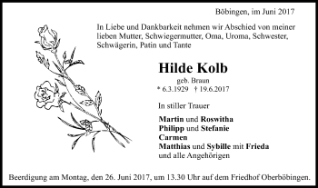 Traueranzeige von Hilde Kolb von Gmünder Tagespost