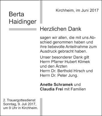 Traueranzeige von Berta Haidinger von Schwäbische Post