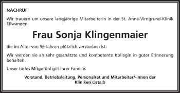 Traueranzeige von Sonja Klingenmaier von Schwäbische Post