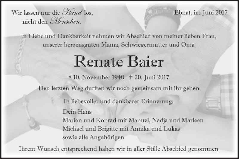  Traueranzeige für Renate Baier vom 28.06.2017 aus Schwäbische Post