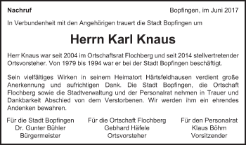 Traueranzeige von Karl Knaus von Bopfinger Stadtanzeiger