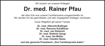 Traueranzeige von Rainer Pfau von Schwäbische Post