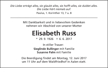 Traueranzeige von Elisabeth Russ von Schwäbische Post