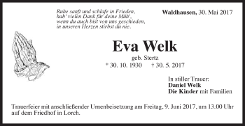 Traueranzeige von Eva Welk von Gmünder Tagespost
