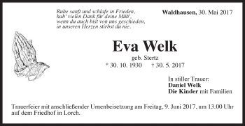 Traueranzeige von Eva Welk