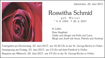 Traueranzeige von Roswitha Schmid von Schwäbische Post