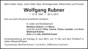 Traueranzeige von Wolfgang Rubner von Schwäbische Post