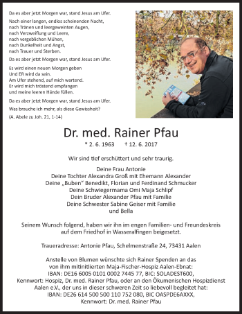 Traueranzeige von Rainer Pfau von Schwäbische Post