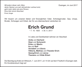 Traueranzeige von Erich Grund von Schwäbische Post
