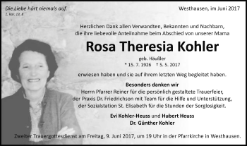 Traueranzeige von Rosa Theresia Kohler von Schwäbische Post