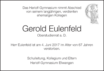 Traueranzeige von Gerold Eulenfeld von Schwäbische Post