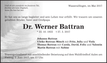 Traueranzeige von Werner Battran von Schwäbische Post
