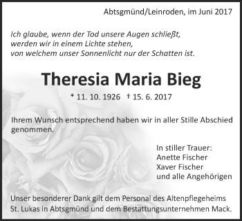 Traueranzeige von Theresia Maria Bieg von Schwäbische Post