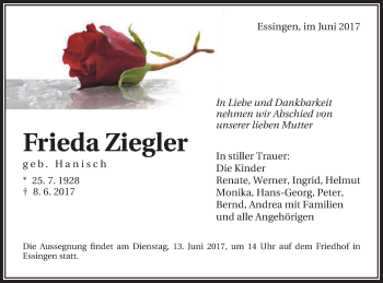 Traueranzeige von Frieda Ziegler von Schwäbische Post