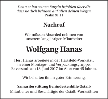 Traueranzeige von Wolfgang Hanas von Schwäbische Post