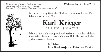 Traueranzeige von Karl Krieger von Gmünder Tagespost