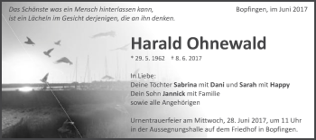 Traueranzeige von Harald Ohnewald von Schwäbische Post
