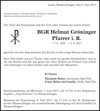 Traueranzeige von Helmut Gröninger von Schwäbische Post