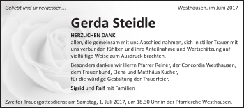Traueranzeige von Gerda Steidle von Schwäbische Post