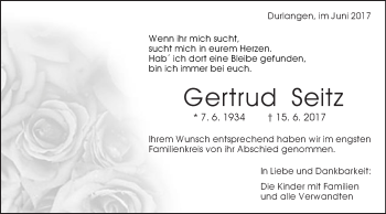 Traueranzeige von Gertrud Seitz von Gmünder Tagespost