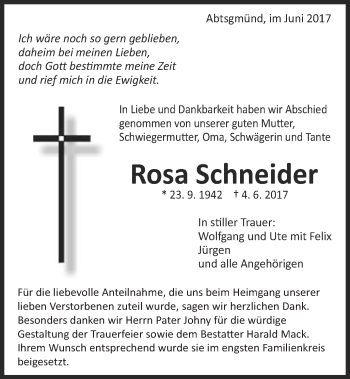Traueranzeige von Rosa Schneider von Schwäbische Post