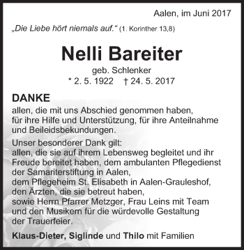 Traueranzeige von Nelli Bareiter von Schwäbische Post