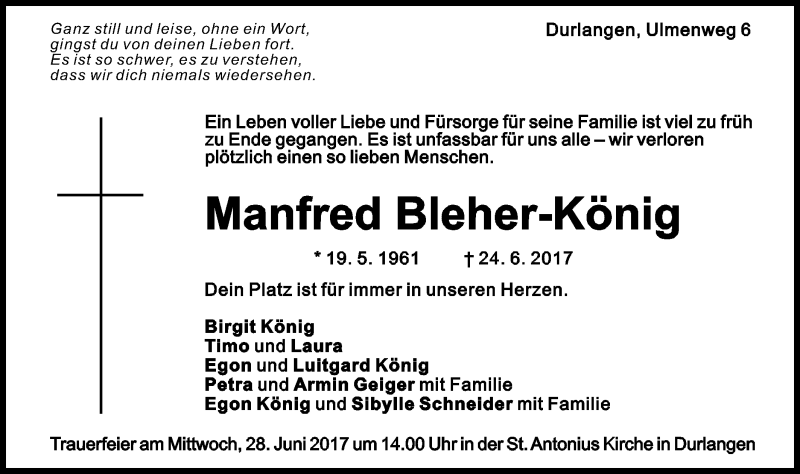  Traueranzeige für Manfred Bleher-König vom 26.06.2017 aus Gmünder Tagespost