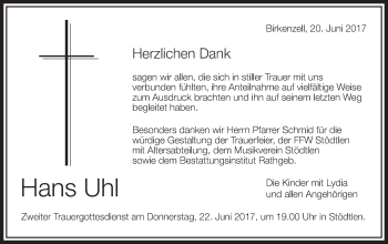 Traueranzeige von Hans Uhl von Schwäbische Post