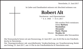 Traueranzeige von Robert Alt von Schwäbische Post