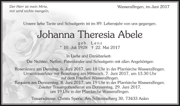 Traueranzeige von Johanna Theresia Abele von Schwäbische Post