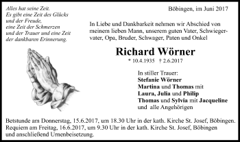 Traueranzeige von Richard Wörner von Gmünder Tagespost