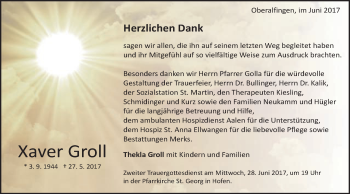 Traueranzeige von Xaver Groll von Schwäbische Post