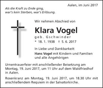 Traueranzeige von Klara Vogel von Schwäbische Post
